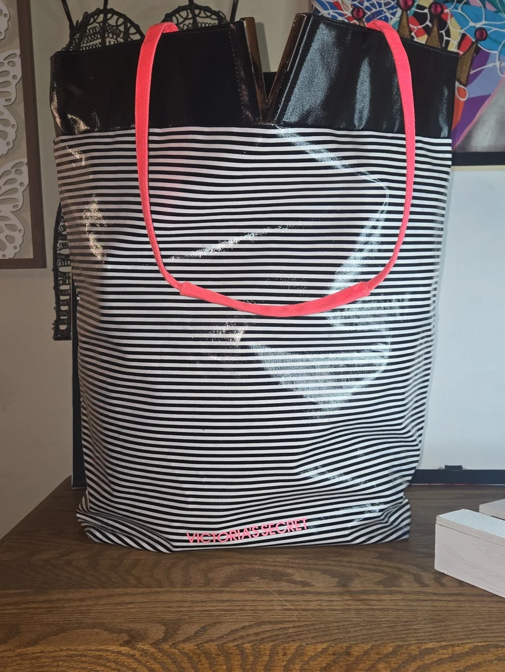 Victoria's Secret Black and White Striped Tote with Pink Handles - Picture 1 of 10